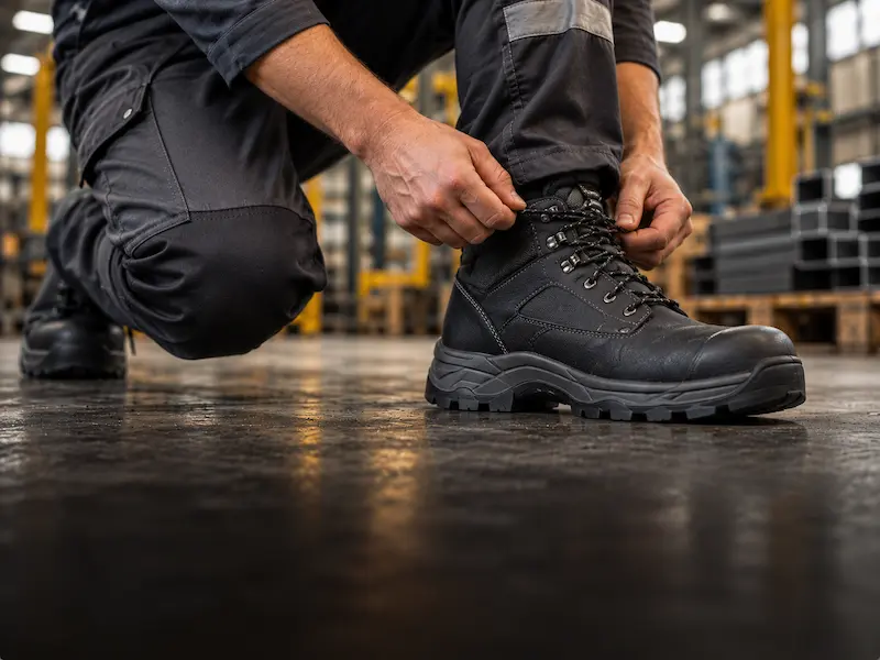 Trabajador at&aacute;ndose botas de seguridad para calzado de protecci&oacute;n laboral