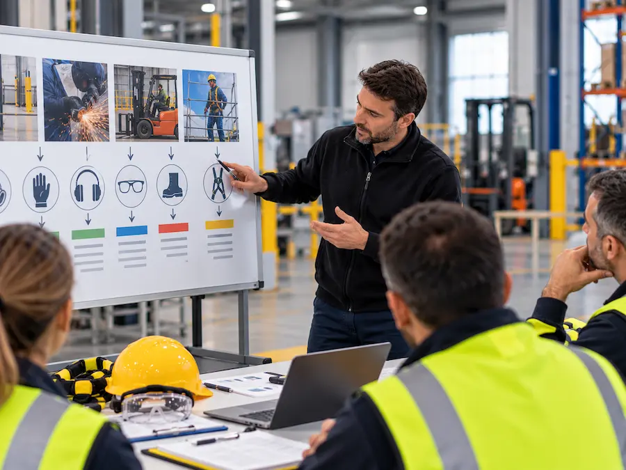 Instructor impartiendo formaci&oacute;n sobre prevenci&oacute;n de riesgos laborales y selecci&oacute;n de EPIs a trabajadores de una empresa industrial.