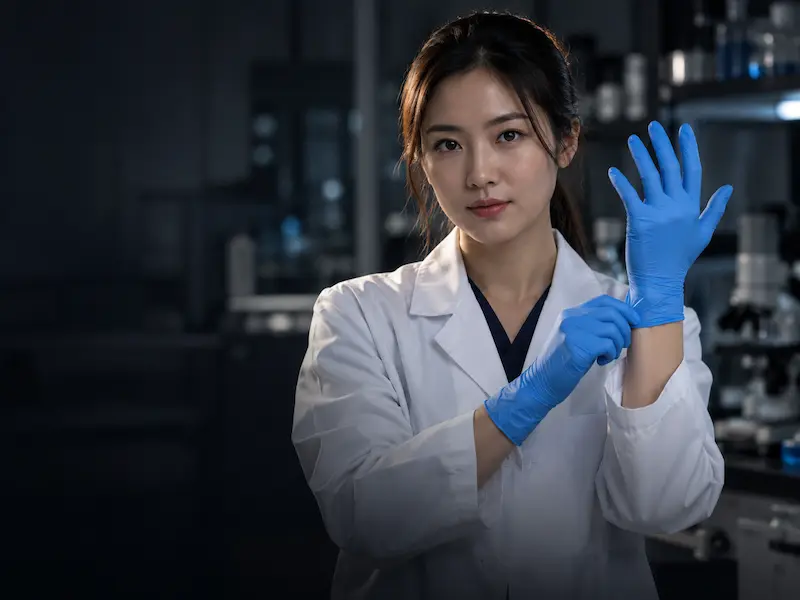 Trabajadora de laboratorio ajust&aacute;ndose guantes de proteccion