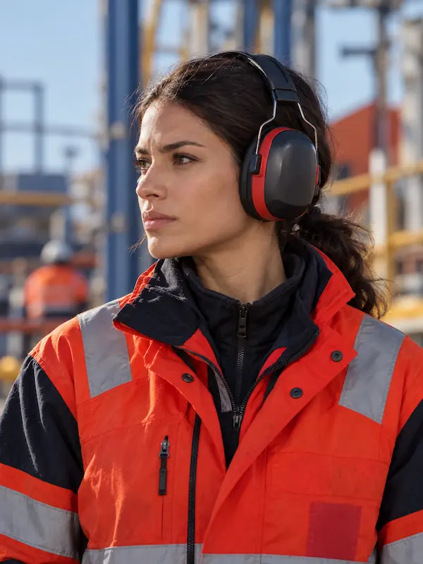 Trabajadora industrial con orejeras de seguridad para protecci&oacute;n auditiva