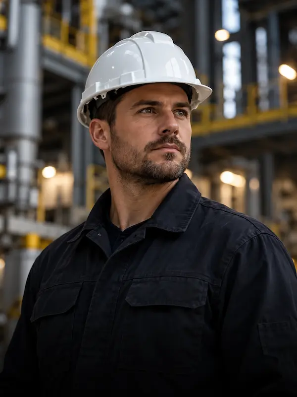 Trabajador industrial con casco de seguridad blanco para protecci&oacute;n de la cabeza