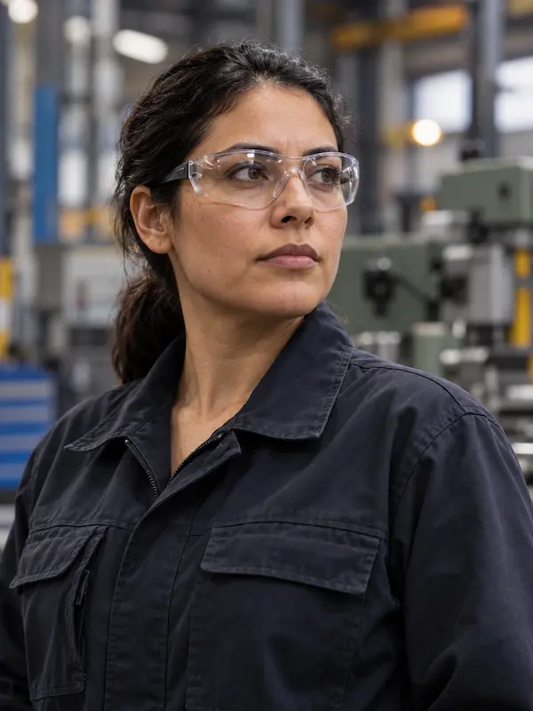 Trabajadora industrial con gafas de seguridad para protecci&oacute;n ocular