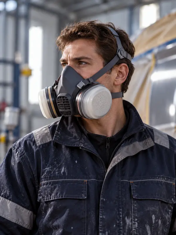 Trabajador industrial con semim&aacute;scara de protecci&oacute;n respiratoria